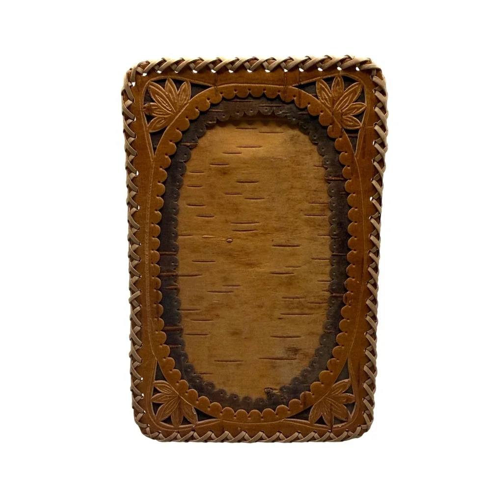 Vintage European MCM Birch Bark Photo Frame Hand Carved Floral 5.5x3.5 Rustic
